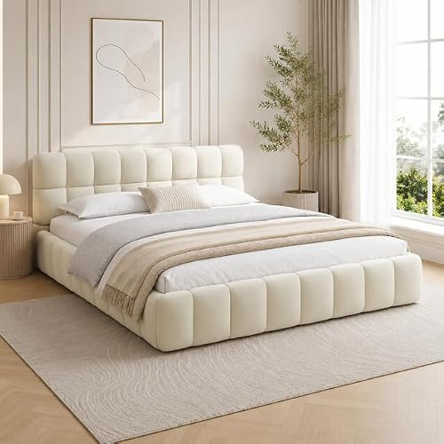 Mokylor Cama Doble Tapizada 140x200 cm, Estructura de Cama con Cabecero Acolchado Estilo Burbuja, Cama Baja Plataforma con Somier de Listones de Madera, Diseño Moderno, Beige (Sin Colchón)