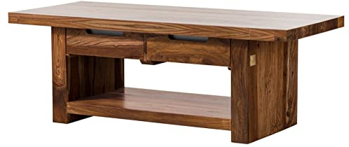 MASSIVMOEBEL24.DE | Duke Couchtisch aus Massivholz #121 - Walnuss, lackiert | aus Sheesham-Holz | rechteckig | 60x140x50 cm | mit Ablagefach, 2 Schubladen | Kaffeetisch Beistelltisch Sofatisch