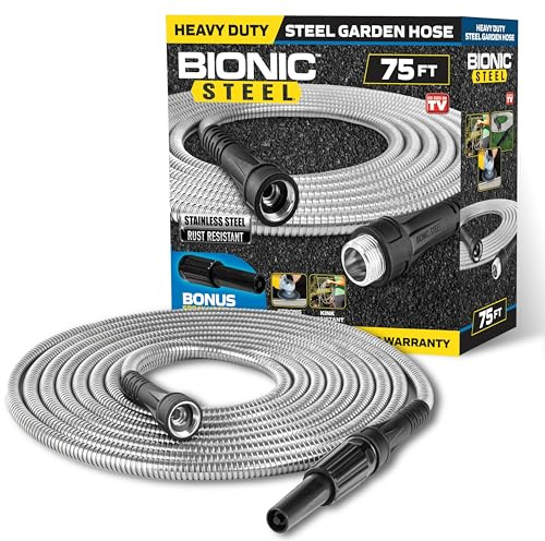 BIONIC STEEL 75FT Garden Hose, 304 Stainless Steel Metal Water Hose 75Ft, Flexible Hose, Kink Free, Ultra Lightweight and Durable, Crush Resistant, Easy to Coil, 500 PSI