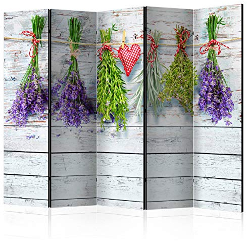 decomonkey Paravent Raumteiler Innen Küche, 225x172 cm, 5-teilig, Brett | Beidseitig, Lavenda, Wohnzimmer, Room Divider, Wall, Raumteiler Stehend, Trennwand, Sichtschutz, Spanische Wand, Holz