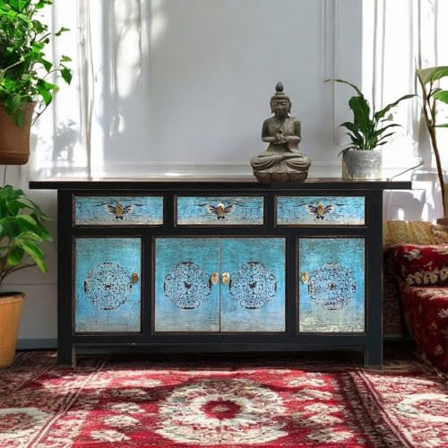 OPIUM OUTLET Orientalisk byrå, Asia Sideboard, svart-turkos, kinesiskt bröllopsskåp lanthusstil, vintage trä