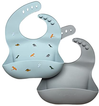 Wriggle & Giggle Baby Silicone Bibs with Food Catchers, 2 Pack Dinosaur