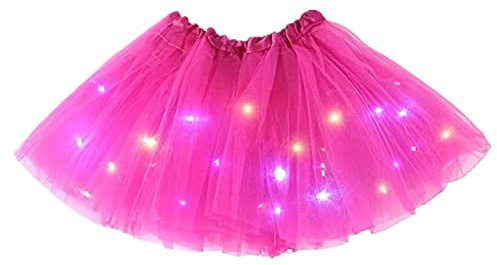 DUEYN Girl's Tutu Skirt with LED Light Layered Ballet Tutu Skirts Mesh Fluffy Princess Dancing Skirt 2-8 Years Old (Dark Pink)