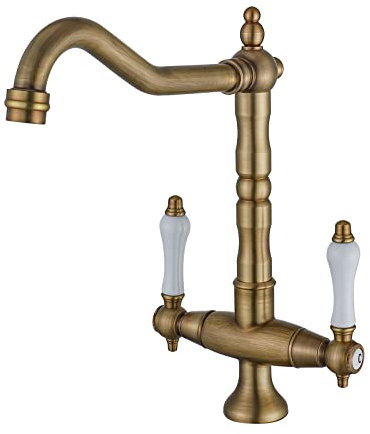 BOAOTX Rubinetto da cucina antico, rubinetto da cucina rotante a 360°, miscelatore per lavello a due maniglie nostalgia, miscelatore ad alta pressione per lavello da cucina con beccuccio alto in