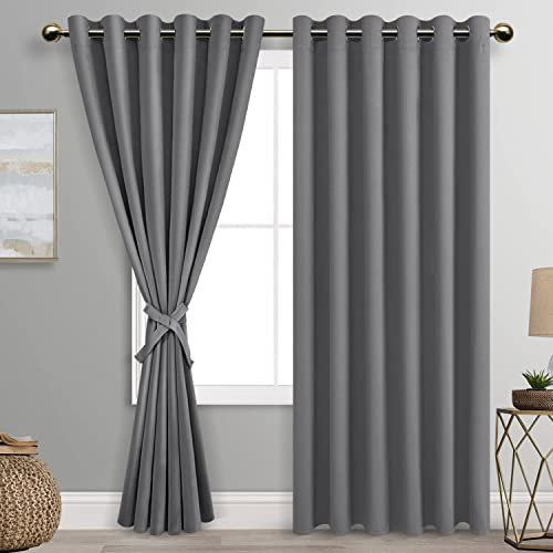 DWCN Grey Blackout Curtains with Tiebacks for Bedroom Thermal Insulated Solid Eyelet Curtains for Living Room,2 Panels,90 Wide x 90 Drop