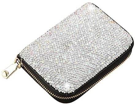AsAlways Kreditkartenetui mit Strasssteinen für Damen, RFID-blockierend, schlankes Leder, Reißverschluss, Kartenetui, silber, 4.21 inches x 2.99 inches x 1.18 inches, Modern