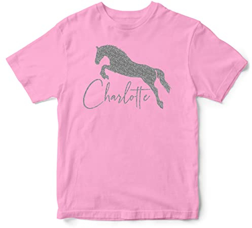 Silver Glitter Personalised Girls Horse Jumping T Shirt, Custom Equestrian Gifts Girls Tshirt, Christmas and Birthday Gifts for Daughter who Loves Riding Horses and Ponies