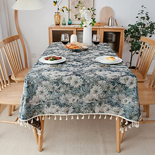 Nyescasa Blumenpastoral Tischdecke Blau Vintage Tischwäsche Leinen Tischtuch Garten Tischdecke mit Quaste Rechteckige Tafeltuch Abwischbar Fleckschutz für Feste Party Picknick Haushalt 100x140cm