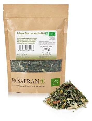 FRISAFRAN | Infusión Ecológica Alcalino Bio a Granel 100g | Té alcalina | Infusión Deliciosa y Saludable | Antioxidantes | Digestiva | Mineralizada | Salud y Bienestar | té hierbas alcalinas