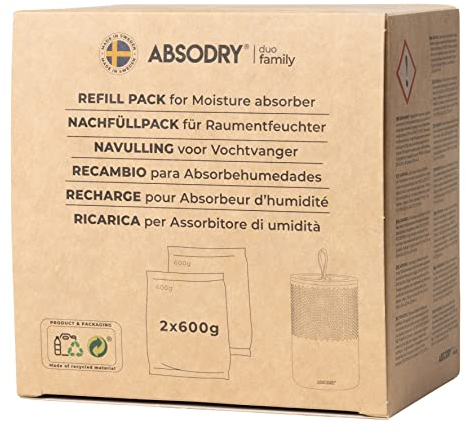 AbsoDry - Luftentfeuchter Nachfüllpack 2x600g - AbsoDry kompatibel - Verhindert Geruch & bindet Feuchtigkeit - Trockenmittelbeutel mit Granulat für Raumentfeuchter - Entfeuchter Nachfüllpack