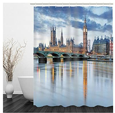 Whoiy Duschvorhang Textil Blau, Duschvorhang Eckbadewanne 165X200cm Polyester Shower Curtains Gebäude Waschbar Wasserdicht