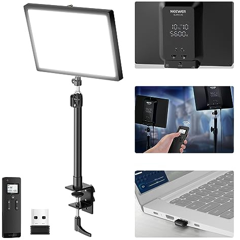 NEEWER GL25B 12.9 Streaming Key Light, 2.4G RT100 Remote & PC/Mac APP Control 25W 2300Lux/0.5m 2900K–7000K CRI98+ Dimmable Edge Emitting Silent Webcam Video Light with Desk Stand & USB Transmitter