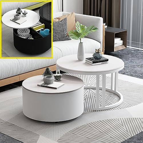 2er-Set Zusammensetzbarer Couchtisch, Moderner Runder Couchtisch Mit Stauraum, Zusammensetzbarer Beistelltisch füR Kleine RäUme, Stapelbare Beistelltische mit Glasplatte und Stabilem Metallrahmen
