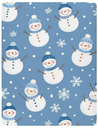 Pfrewn Christmas Crib Sheets for Boys Girls Glitter Snowflakes Snowman Fitted Crib Sheet Fits Standard Crib Mattress Pads Winter Pattern Stretch Soft Toddler Baby Sheet,52x28IN