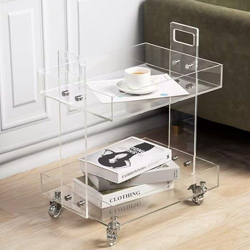 GETCK Clear Acrylic 2-Tier Rolling Cart - Modern Mobile Side Table with Wheels, 33 lbs Capacity Storage Cart