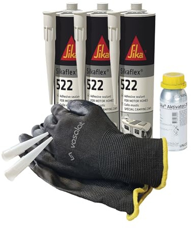 Sikaflex 522 Caravan schwarz 3x 300ml mit Aktivator 205 und 5x Düsenspitzen ideal zur Abdichtung von Aluminium, Stahl und Kunststoff