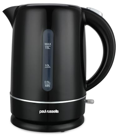 paul russells Electric 1.5L Cordless Kettle (Fast Boil 3KW, Black premium plastic, high gloss finish, Removable washable anti-scale filter, Push to open lid, Perfect pour spout) 15659