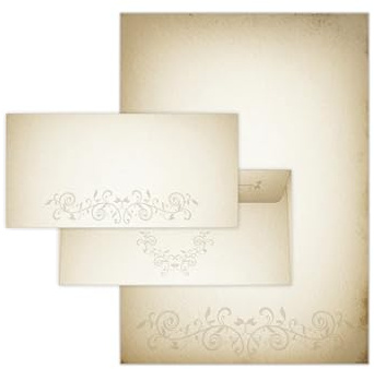 Briefpapier-Set 25 Motivpapier DIN A4 + 25 Kuverts DIN-lang haftklebend Altes Papier vintage retro Mittelalter antiker Ornament beidseitig beschriftbar für Geburtstag Jubiläum Hochzeit Geschenk