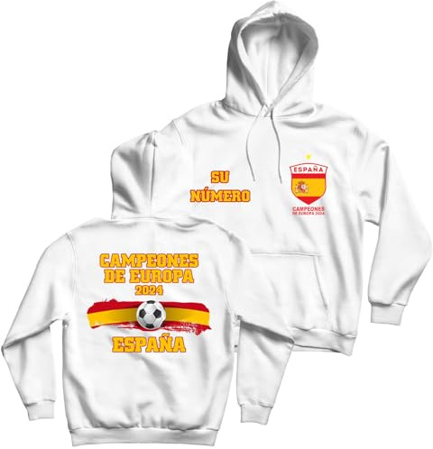 lepni.me Sudadera con Capucha de Fútbol España con Su Número Personalizado | Sweatshirt con Insignia de Bandera Española | Campeones de Eurocopa 2024 (S Blanco Multicolor)