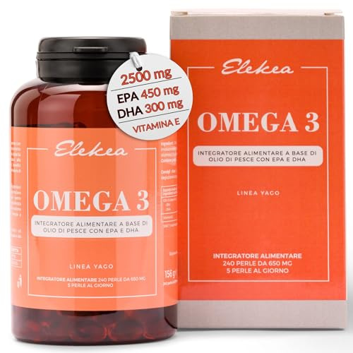 Omega 3 Olio di Pesce Alto Dosaggio 2500 mg per dose 240 SoftGel, Omega 3 fish oil per Cuore e Funzione Cerebrale 450mg EPA, 300mg DHA, 50mg Vitamina E