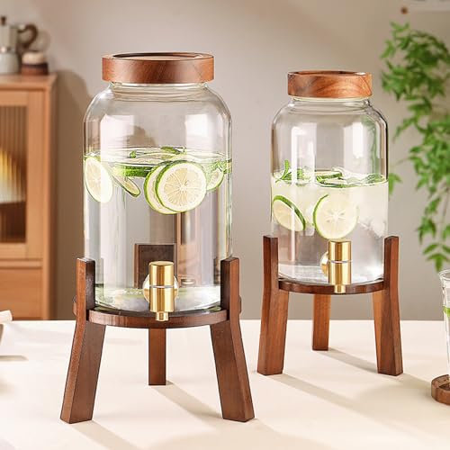 EISFBIMV 2PCS Dispensadores de Bebidas de Vidrio para Fiestas con Soporte, Dispensador de Bebidas con Tapas de Madera, Contenedores de Zumo para Agua Helada, Limonada, Ponche, Té(3L+4L)
