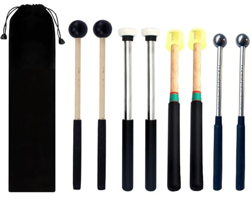 TUOREN 4 Paar Stahlzungentrommel-Schlägel mit Aufbewahrungstasche, 2 Paar Gummikopf, Holz-Glockenspiel-Sticks, 1 Paar Stahlkopf und 1 Paar Filzkopf-Metall-Percussion-Sticks Hammer für