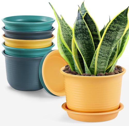 BSTMOME 6 st plastplanteringsset, 15 cm tjocka blomkrukor med dräneringshål och brickor, örtkrukor fönsterbräda planterare krukor för inomhus/utomhus hem och trädgårdsdekor (3 färger)