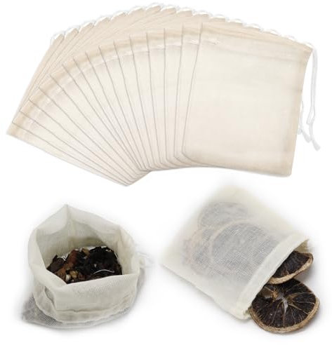 50 Pcs Cotton Muslin Drawstring Bags,10 x 8cm 100% Cotton Reusable Mesh Bags Reusable Tea Bags Tea Coffee Filter Bags Crafts Soap Nuts Gift Bag DIY Carft Spices Storage Infuser with Drawstring