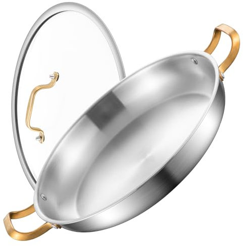 Yeksum 14 Inch Stainless Steel Paella Pan with Lid,Frying Pan, Tri-Ply Even Heating, Induction Ready & Dishwasher Safe – Great for Camping, Parties, Family Gatherings