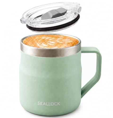 450ml Blue Insulated Stainless Steel Coffee Mug with Lid & HandleGreen) | Reusable modern desk cup keeps hot & cold drinks, perfect for office daily use