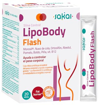 LipoBody Flash- Morosil™, Ortosifón, Abedul, Boldo, Piña, Pomelo, Nuez Cola y Vitamina B12- Bajar de peso, perder grasa cintura y caderas- 20 sticks, polvo masticable sabor fresa- Sakai Laboratorios