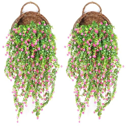 LONGHAO 2 Pcs Plantas Artificiales de Hiedra Colgantes con Flores Decorativas para La Oficina y Hogar (Rosa)