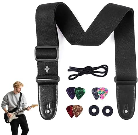 AzureRay Correa Guitarra Eléctrica Ajustable de Algodón Negra con Extremos de Cuero PU para Bajo Eléctrico y Guitarra Española