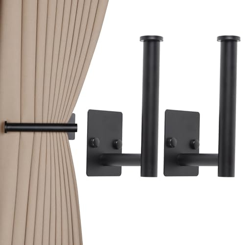 OCIOLI 2 Pack No Drill Curtain Holdbacks - Self-Adhesive/Screw-in Metal Curtain Tie Backs with Rustproof SUS304 Steel, Wall Mount Drapery Hooks, Damage-Free Installation for All Curtains (2, Black)