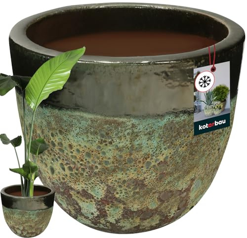 KOTARBAU® Blomkruka höjd 31 cm ⌀ 37 cm blomkruka grön keramisk planteringskruka frostsäker överkrukor för utomhusbruk blomkruka utomhus och inomhus, planteringskruka inomhus utomhus