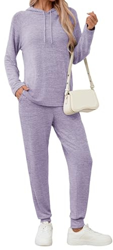 Famulily Long Sleeve Womens Tracksuit Sets Solid Color Drawstring Hoodies and Elastic Jogger Pants with Pockets S-XXL