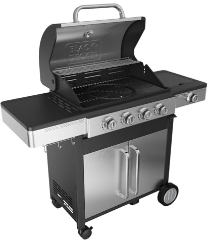 Black+Decker – Gasgrill BXOG16550D | 4 Brenner 3,6 kW + Seitenbrenner 2,1 kW | Gusseisenrost | Leicht zu reinigen | Thermometer Edelstahl | Flexible Grillzone | Drehrollen