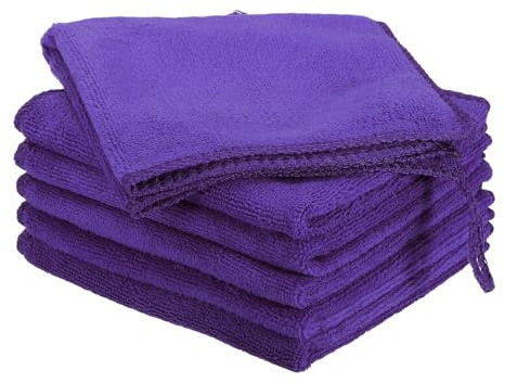 sourcing map 6 Pack Microfiber Cleaning Cloth, 12 x 12 Multi-Functional Cleaning Towels Reusable Absorbent Rags with Hook for Car Wash Kitchen Household Window Clean, Purple