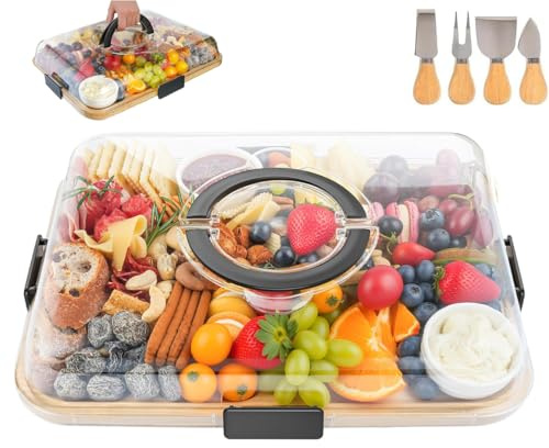 ERNAN Käsebrett mit Deckel für Partys Reisen, Servierplatte mit Fächern Griff für Snacks Fleisch Dessert, Käsebrett aus mit Messer Set, Charcuterie Board Platte Käseplatte (6 Compartments C)