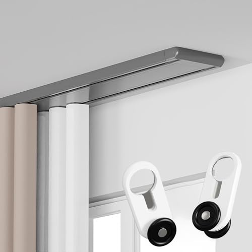 Tringle à rideaux invisible à 2 voies - Gris - 6,1 m - Idéal pour le salon et la chambre à coucher - Parfaite pour les cloisons de séparation de pièce - Tringle à rideaux lisse - Design moderne