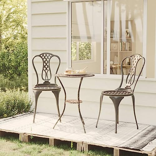 YuuSsea 3-TLG. Bistro-Set aus Aluminiumguss, bronzefarben, wetterfest, für Garten, Balkon, Terrasse, Romantisches Blumenmuster, langlebiges Outdoor-Möbelset
