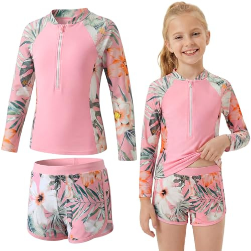 Baogaier Maillot de Bain 2 Pièces Filles Protection Solaire, 5-14 Ans | Maillots Manches Longues et Shorty, Anti UV, Ensemble de Plage, Séchage Rapide, Confortable, Rash Guard, pour Piscine Plage