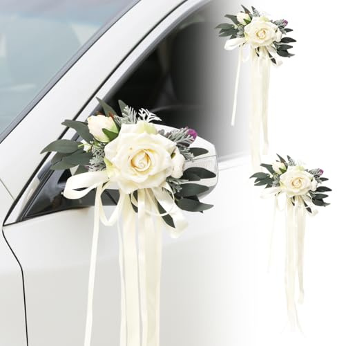 MIUUIPI 2 Stück Hochzeit Autoschmuck, Hochzeit Autoschleifen Hochzeitsdeko Schleifenband Rosendekoration Hochzeitsschleifen Vintage Hochzeits Künstliche Blume für Auto Rückspiegel (Cremeweiß)