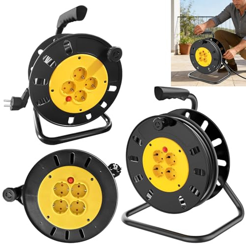 Avvolgicavo da 50 m con supporto, cavo di prolunga extra lungo con presa a 4 prese per un'ampia alimentazione, protezione da surriscaldamento, avvolgicavo portatile per casa, officina, giardino