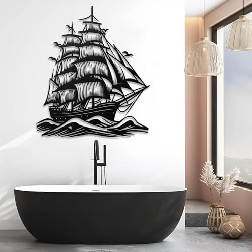 Wanddekor aus Metall, Wandbild Segelboot, Segelschiff, nautisches Küstenmotiv, Wandbehang mit Ozeanmotiv, Wandbehang für Badezimmer (Schwarz, 31 x 27/80 x 69 cm)