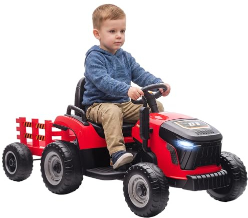 AIYAPLAY Elektrisk barntraktor med släpvagn, sitttraktor med fjärrkontroll, 2 motor, 3-växlad elbil för barn med musik, horn, startbuller, mild start, 3–5 km/h, för 3–8 år, röd