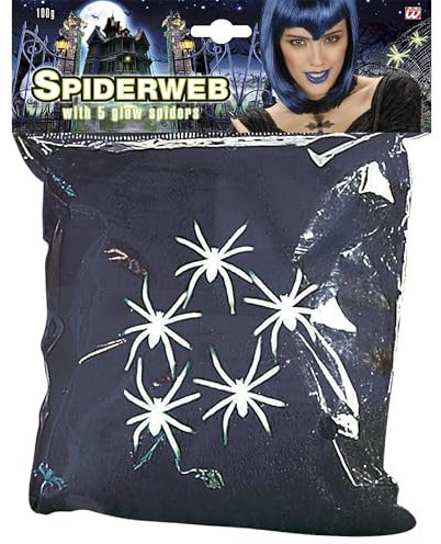 W WIDMANN MILANO Party Fashion 5403N - schwarzes Spinnennetz, 100 g, mit 5 leuchtenden Spinnen, Tischdekoration, Horror, Halloween, Mottoparty