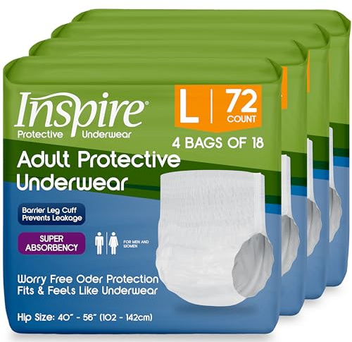 Inspire Protective Underwear for Men and Women | Adult Diapers for Bowel Incontinence | Disposable Underwear for Women and Men - 4 Bags of 18 | 72 Total (Large)