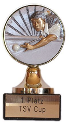 RaRu Billard-Pokal mit Gravur und Resin-Emblem.