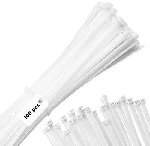 300mm Zip Cable Ties (100 Pack), 18kgs Tensile Strength - Heavy Duty White, Self-Locking Premium Nylon Cable Wire Ties for Indoor and Outdoor by Bolt Dropper